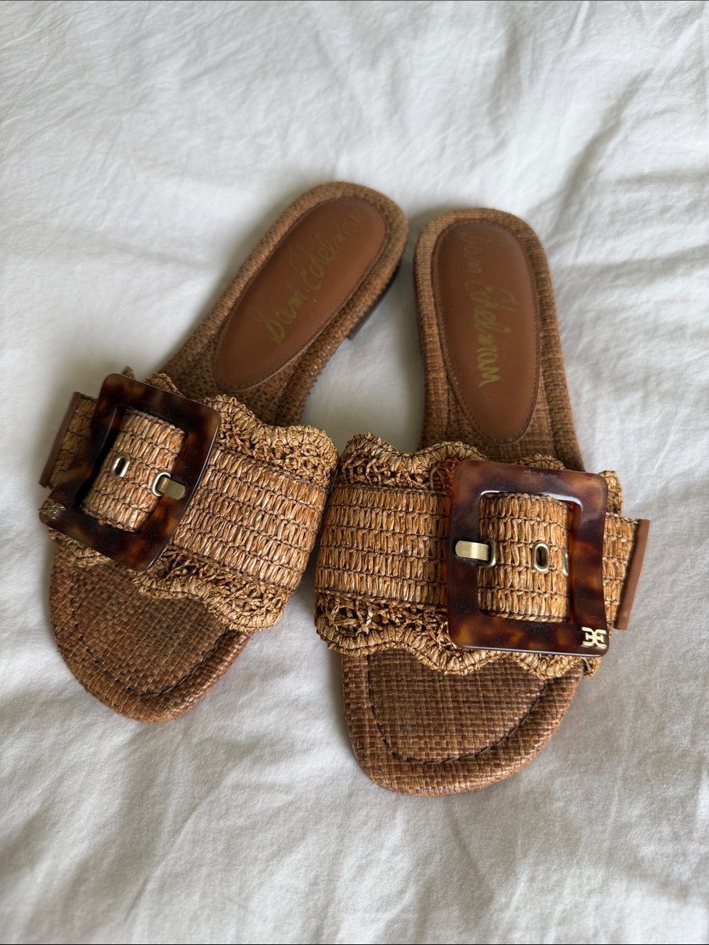 Sam Edelman Tan Braided Slide Sandals with Tortoiseshell Buckle
